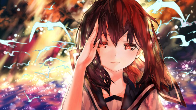 Anime Girl with Red Eyes — Dramatic, Sunset, Digital Art