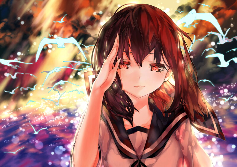 Anime Girl with Red Eyes — Dramatic, Sunset