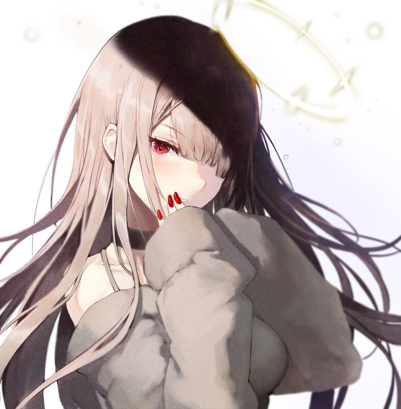 Anime Girl with Red Eyes — Gray, Dramatic, Digital Art, Long Hair