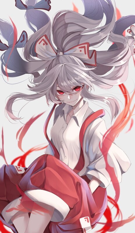 Anime Girl with Red Eyes — Gray, Dramatic, Digital Art, Red Ribbons
