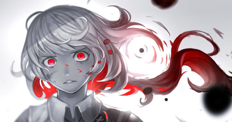 Anime Girl with Red Eyes — Gray, Dramatic, Intense