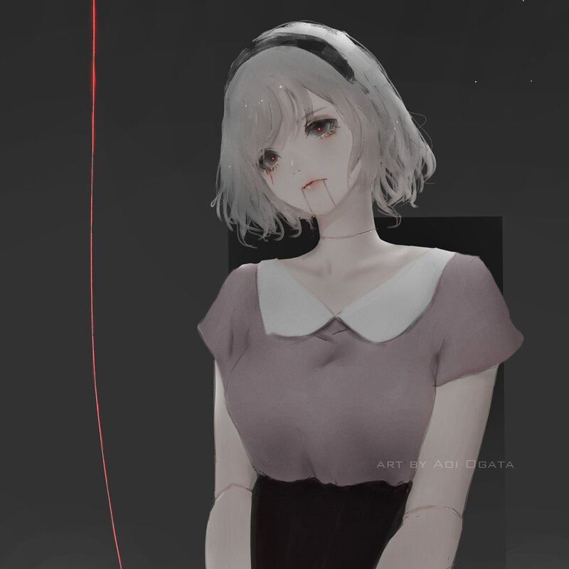 Anime Girl with Red Eyes — Gray, Dramatic, Night