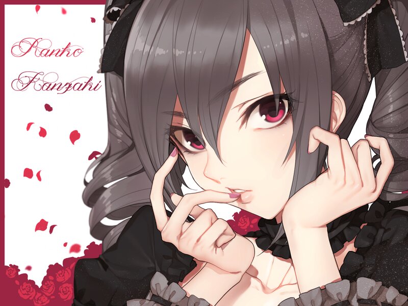 Anime Girl with Red Eyes — Gray, Dramatic, Rose Petals