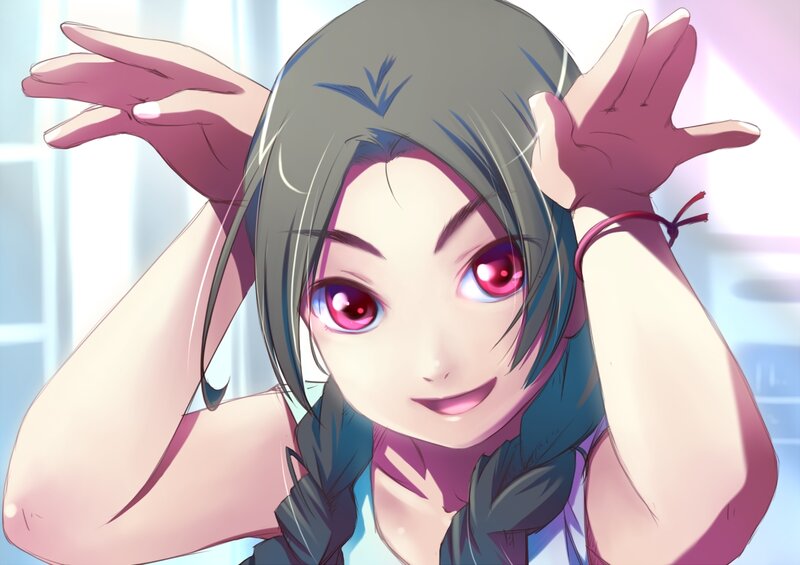 Anime Girl with Red Eyes — Gray, Playful, Digital Art