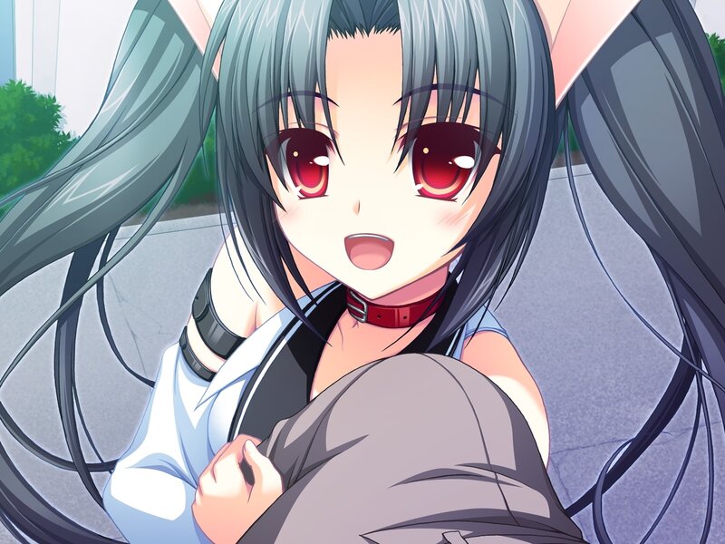 Anime Girl with Red Eyes — Gray, Playful, Red Collar