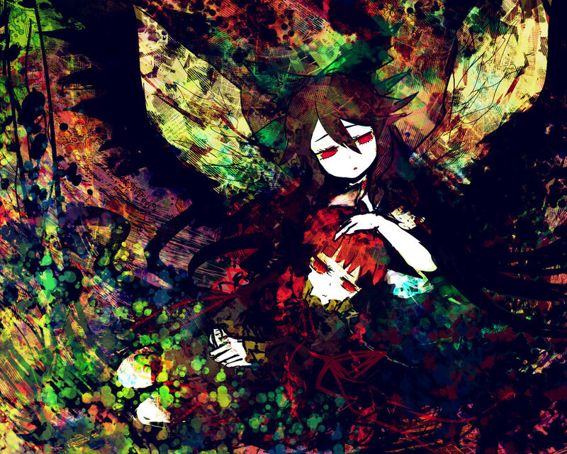 Anime girl with red eyes in forest