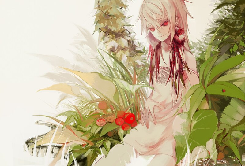 Anime girl with red eyes in garden