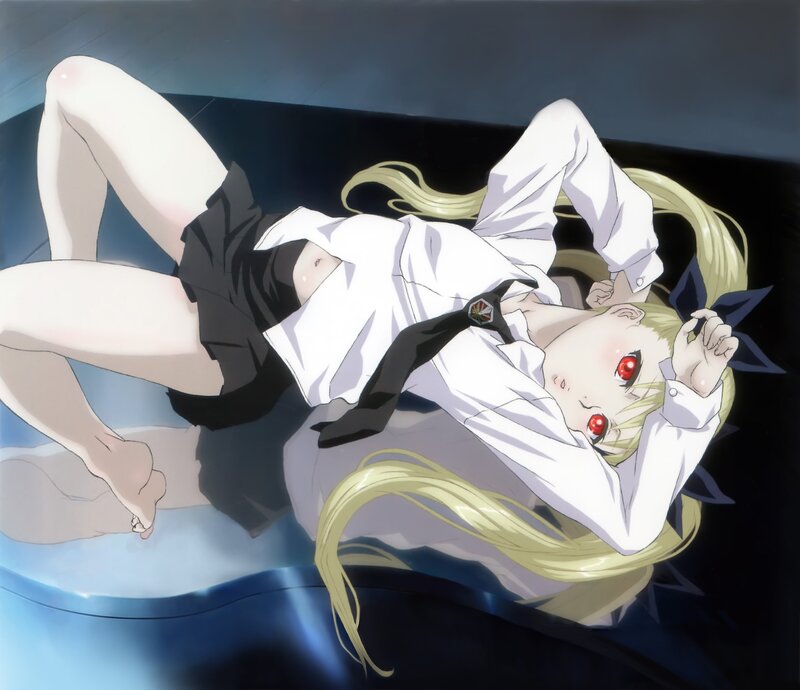 Anime girl with red eyes lying down