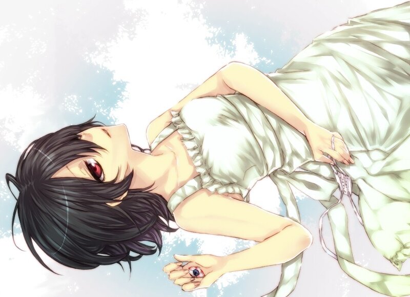 Anime girl with red eyes lying down