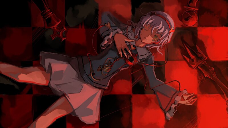 Anime girl with red eyes lying down