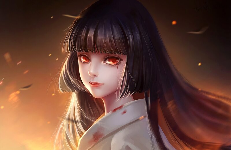 Anime Girl with Red Eyes — Orange, Dramatic, Sunset