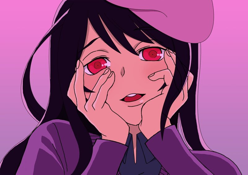 Anime Girl with Red Eyes — Pink, Dramatic, Hat