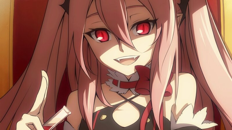 Anime Girl with Red Eyes — Pink, Dramatic, Long Hair, Red Bow, Vampire Fangs