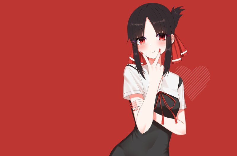 Anime Girl with Red Eyes — Playful, School Uniform, Heart Shape