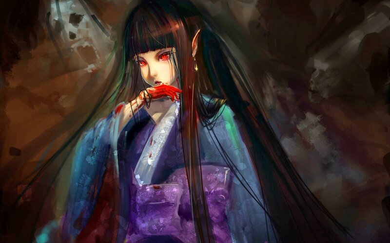 Anime Girl with Red Eyes — Purple, Dark, Digital Art