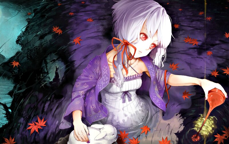 Anime Girl with Red Eyes — Purple, Dramatic, Autumn, Digital Art