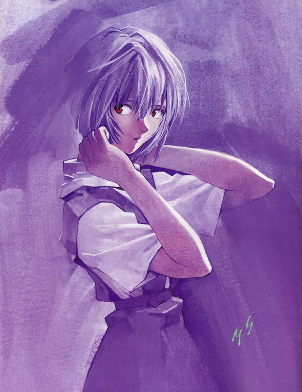 Anime Girl with Red Eyes — Purple, Dramatic, Digital Art, Purple Background
