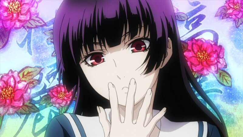 Anime Girl with Red Eyes — Purple, Dramatic, Flowers