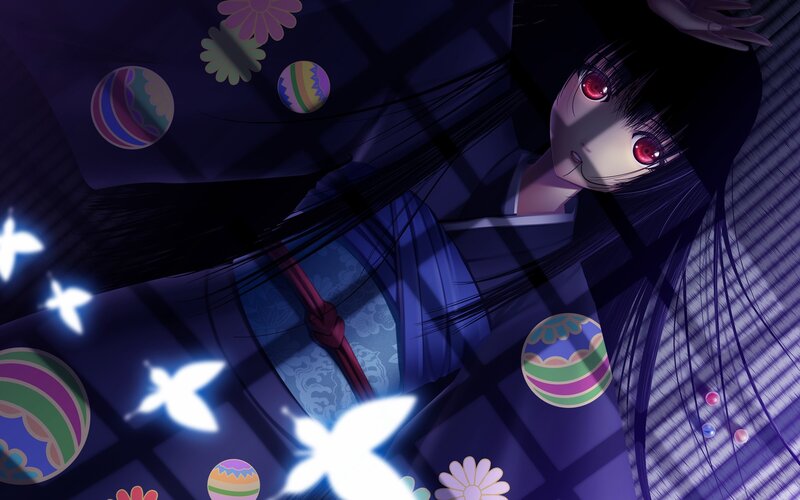 Anime Girl with Red Eyes — Purple, Dramatic, Night, Butterflies