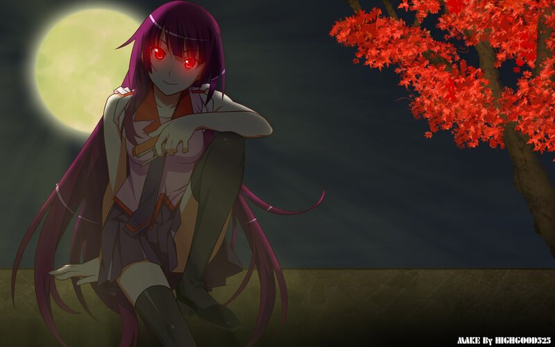 Anime Girl with Red Eyes — Purple, Dramatic, Night, Digital Art, Full Moon