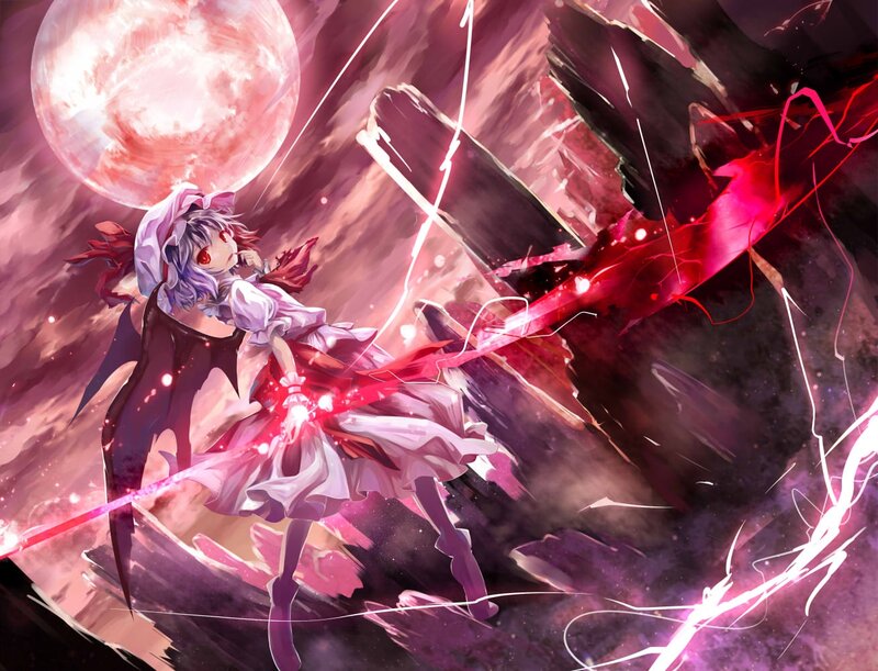 Anime Girl with Red Eyes — Purple, Dramatic, Night, Digital Art, Red Energy