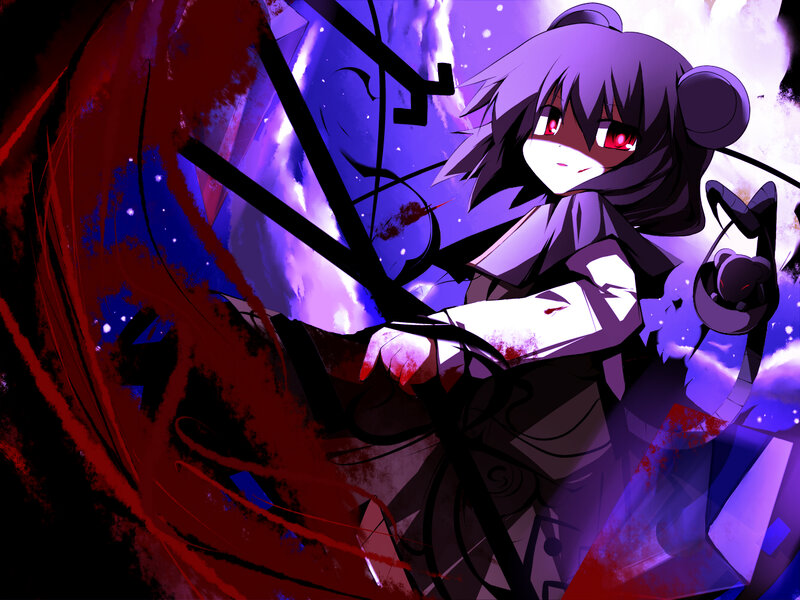 Anime Girl with Red Eyes — Purple, Dramatic, Night, Digital Art, Sword