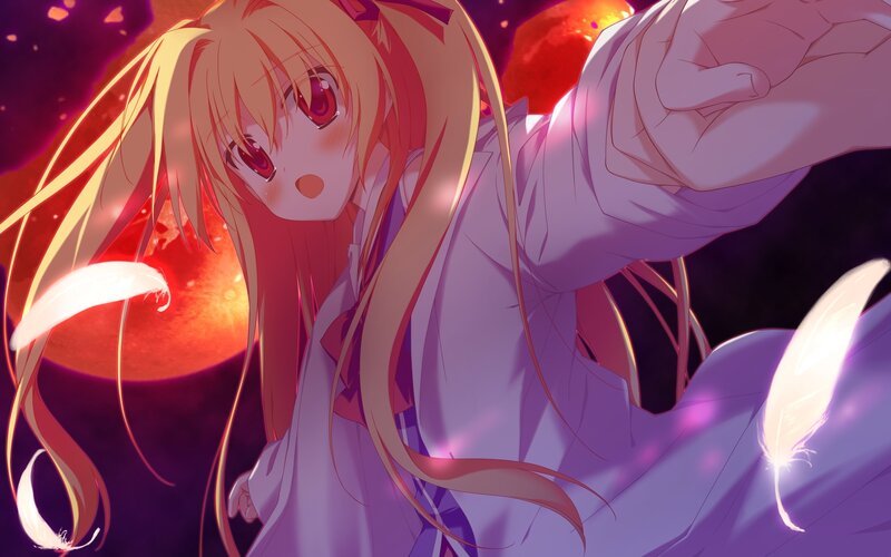 Anime Girl with Red Eyes — Purple, Dramatic, Night, Feathers