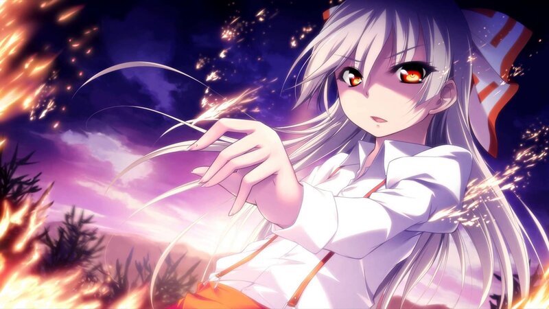 Anime Girl with Red Eyes — Purple, Dramatic, Night, Fire