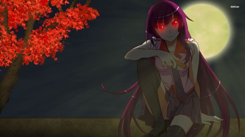 Anime Girl with Red Eyes — Purple, Dramatic, Night, Red Maple Leaves