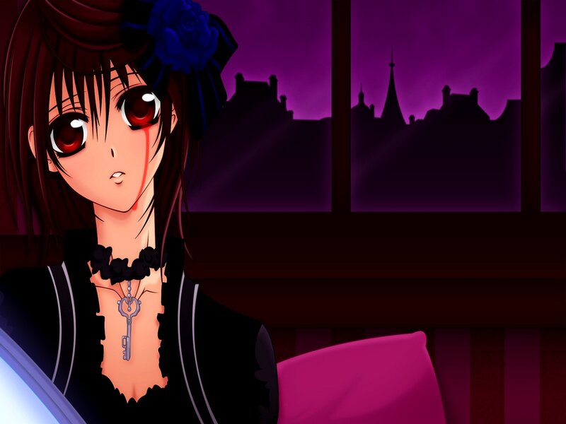 Anime Girl with Red Eyes — Purple, Dramatic, Night, Window