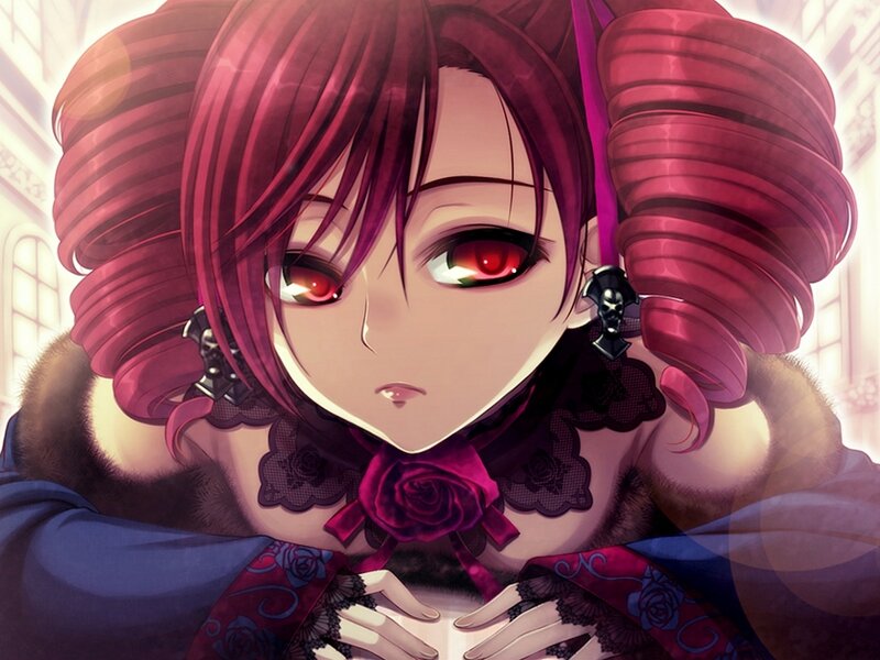 Anime Girl with Red Eyes — Purple, Dramatic, Red Hair