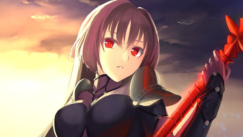 Anime Girl with Red Eyes — Purple, Dramatic, Sunset