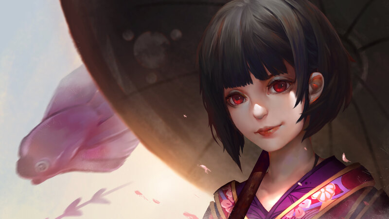 Anime Girl with Red Eyes — Purple, Serene, Afternoon