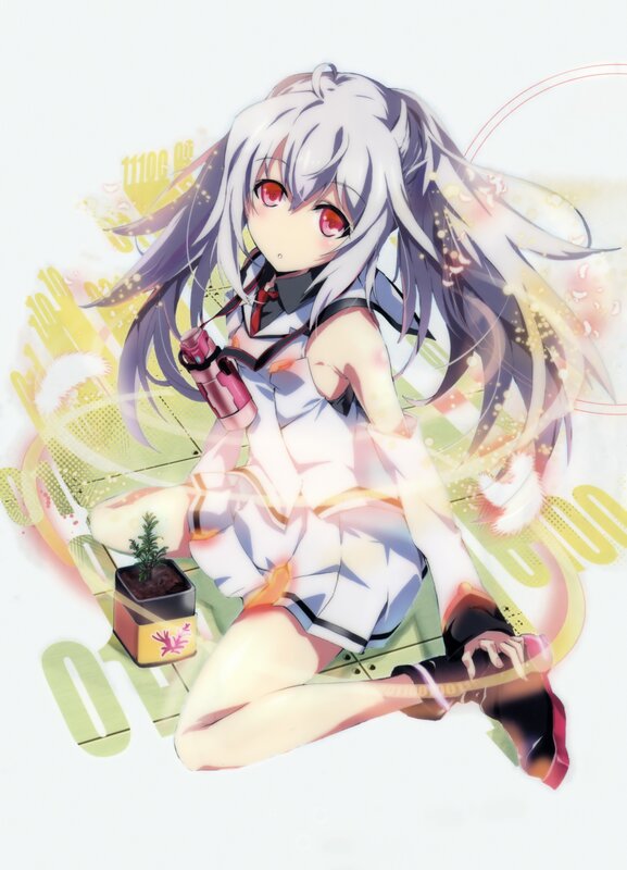 Anime Girl with Red Eyes — White, Calm, Potted Plant