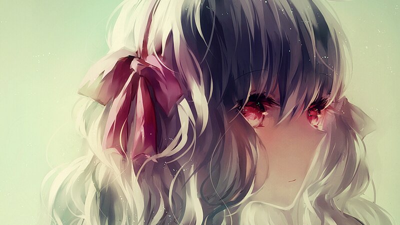 Anime Girl with Red Eyes — White, Dramatic, Digital Art, Red Bow
