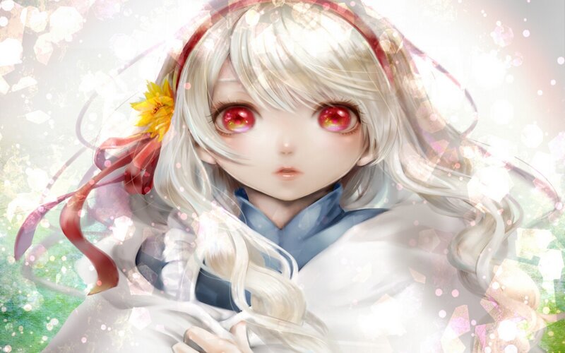 Anime Girl with Red Eyes — White, Dreamy, Digital Art