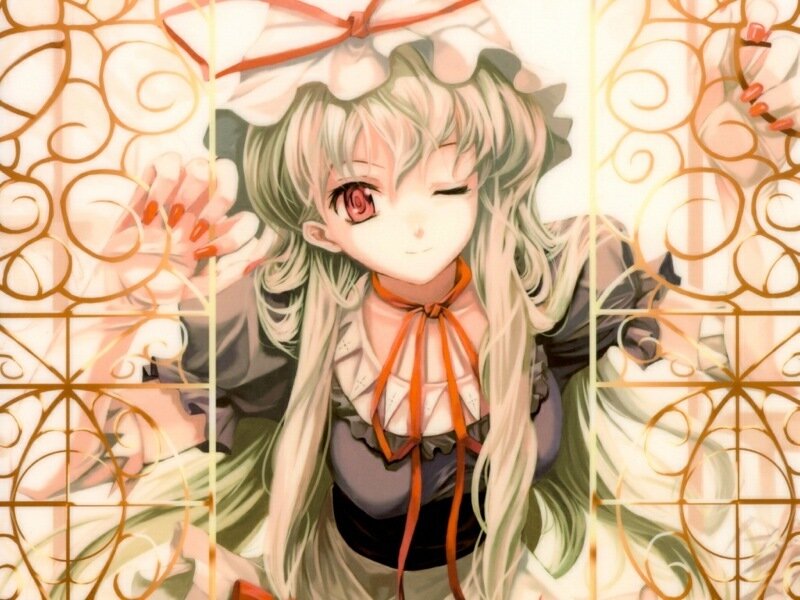 Anime Girl with Red Eyes — White, Playful, Long Hair