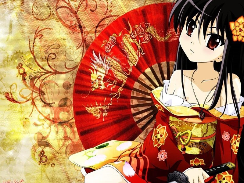 anime girl with red fan