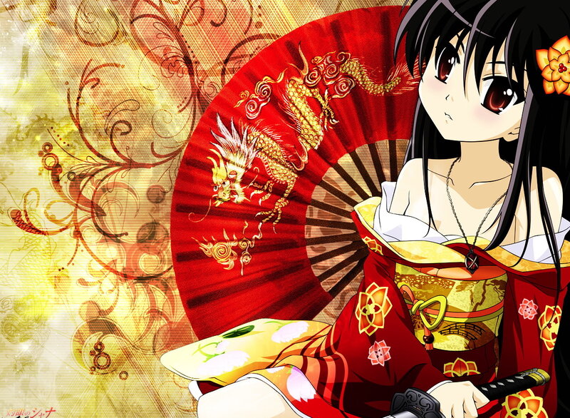 Anime girl with red fan
