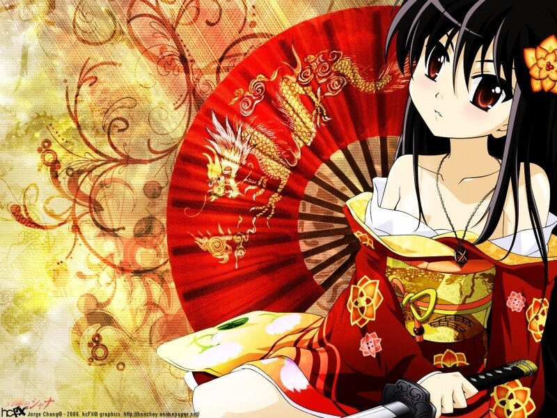 anime girl with red fan