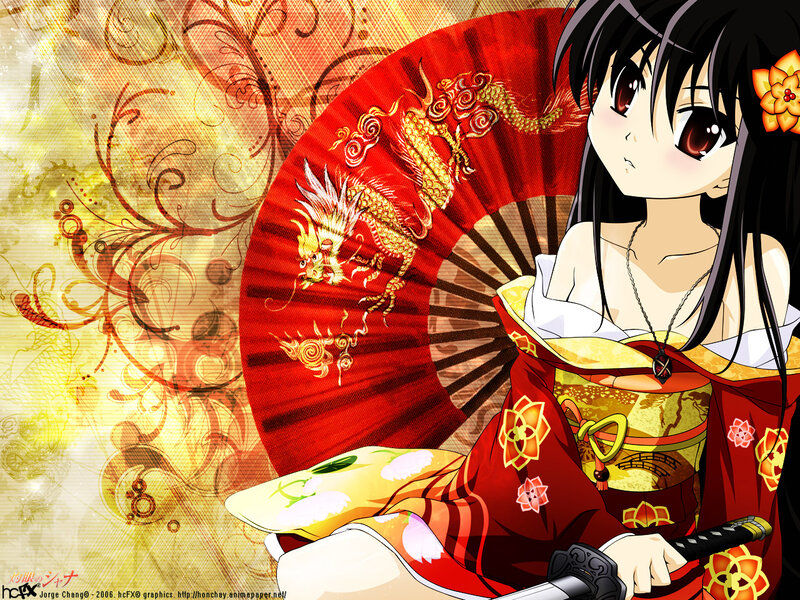 anime girl with red fan