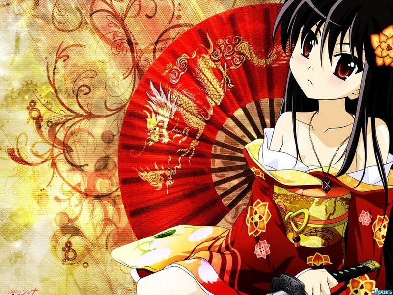 anime girl with red fan