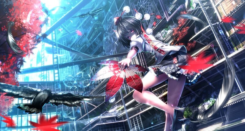 Anime Girl with Red Fan — Blue