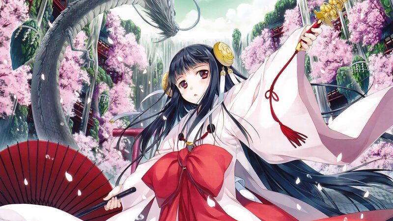 Anime Girl with Red Fan — White