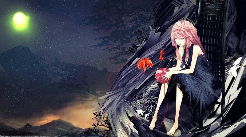 Anime girl with red fish under moonlight