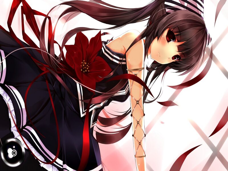 Anime Girl with Red Flower — Black, Dramatic, Digital Art