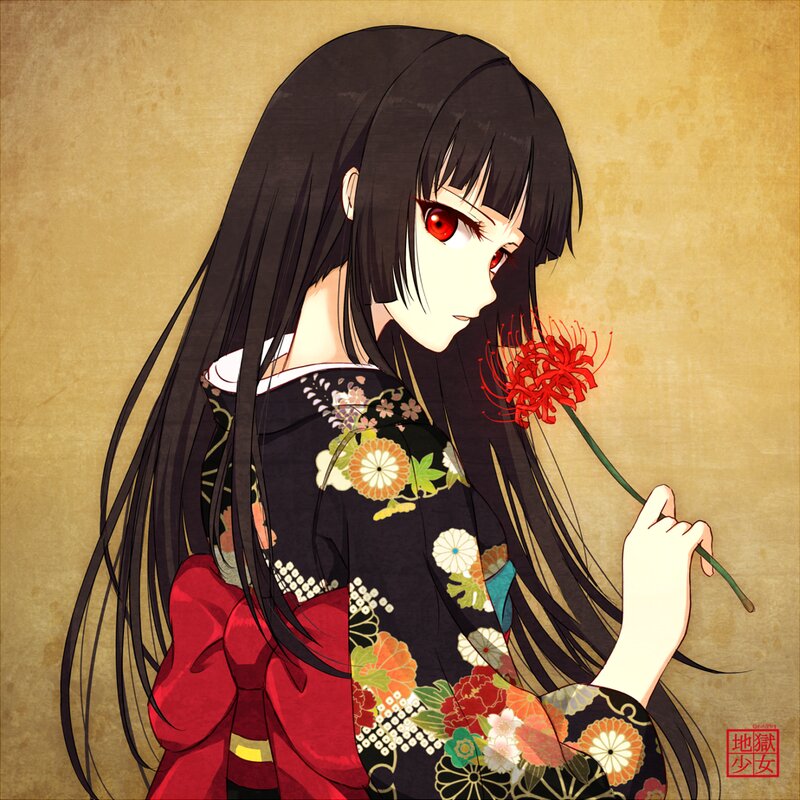 Anime Girl with Red Flower — Black, Dramatic, Kimono