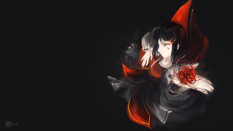Anime Girl with Red Flower — Black, Dramatic, Night, Digital Art