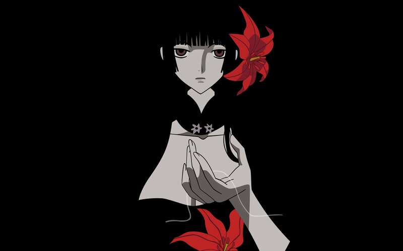 Anime Girl with Red Flower — Black, Dramatic, Night, Red Lily