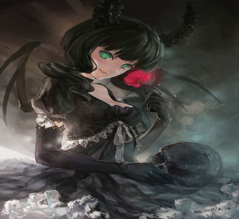 Anime Girl with Red Flower — Black, Dramatic, Night